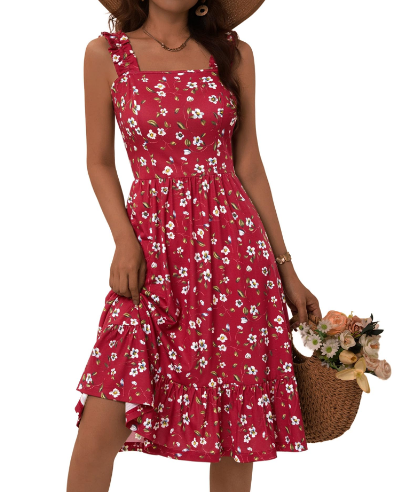 Armenia Abito Midi Donna – Abito Estate Scollo Quadrato a Bretella Elastiche, Linea a Trapezio Fluida con Balze