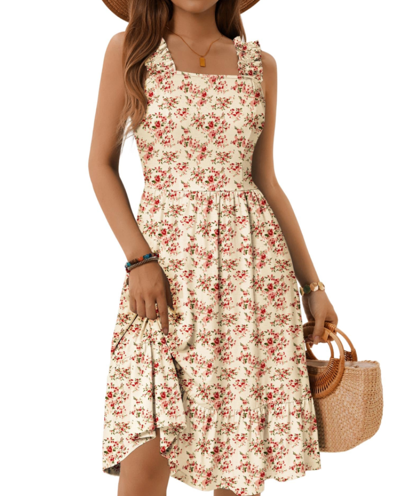 Armenia Abito Midi Donna – Abito Estate Scollo Quadrato a Bretella Elastiche, Linea a Trapezio Fluida con Balze
