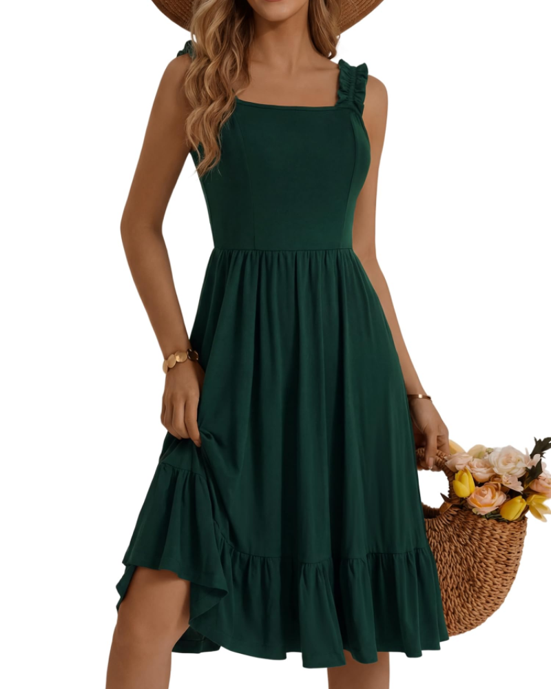 Armenia Abito Midi Donna – Abito Estate Scollo Quadrato a Bretella Elastiche, Linea a Trapezio Fluida con Balze