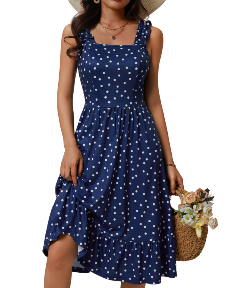 Armenia Abito Midi Donna – Abito Estate Scollo Quadrato a Bretella Elastiche, Linea a Trapezio Fluida con Balze