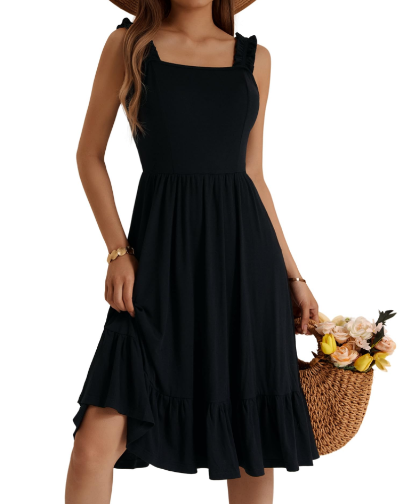 Armenia Abito Midi Donna – Abito Estate Scollo Quadrato a Bretella Elastiche, Linea a Trapezio Fluida con Balze