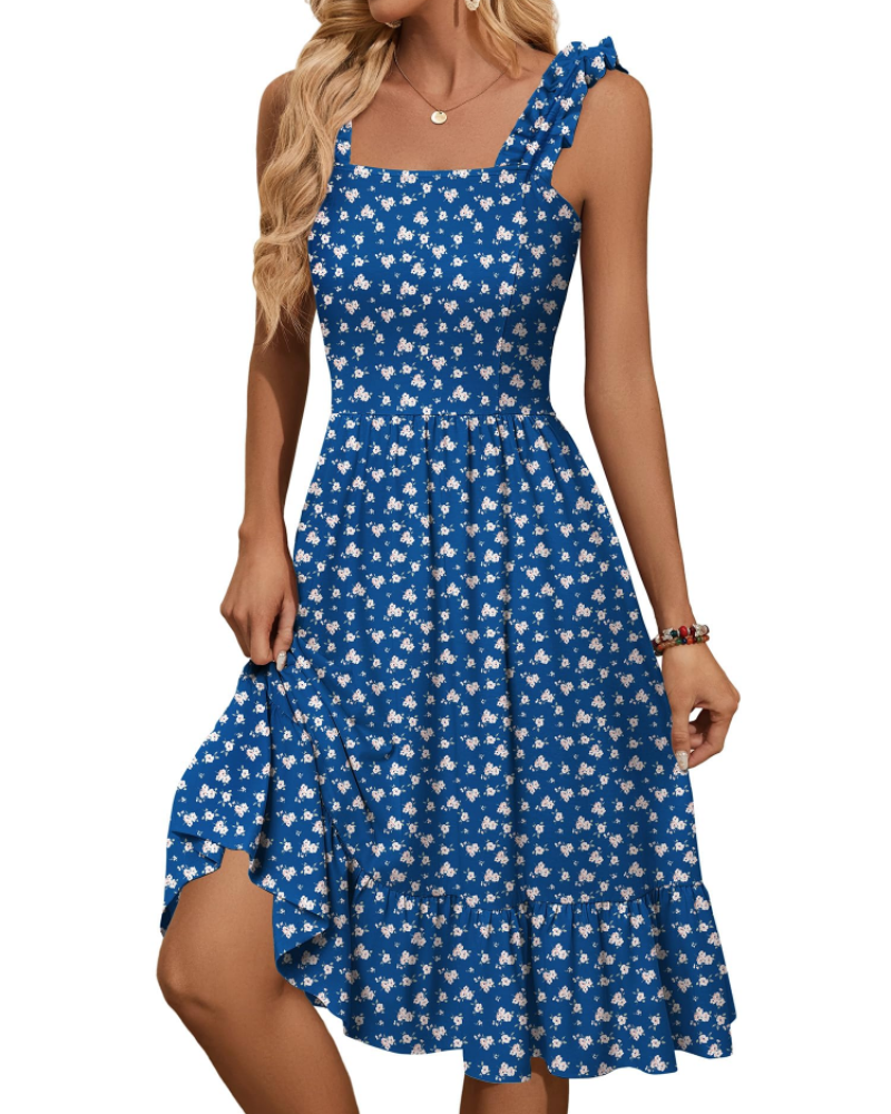 Armenia Abito Midi Donna – Abito Estate Scollo Quadrato a Bretella Elastiche, Linea a Trapezio Fluida con Balze