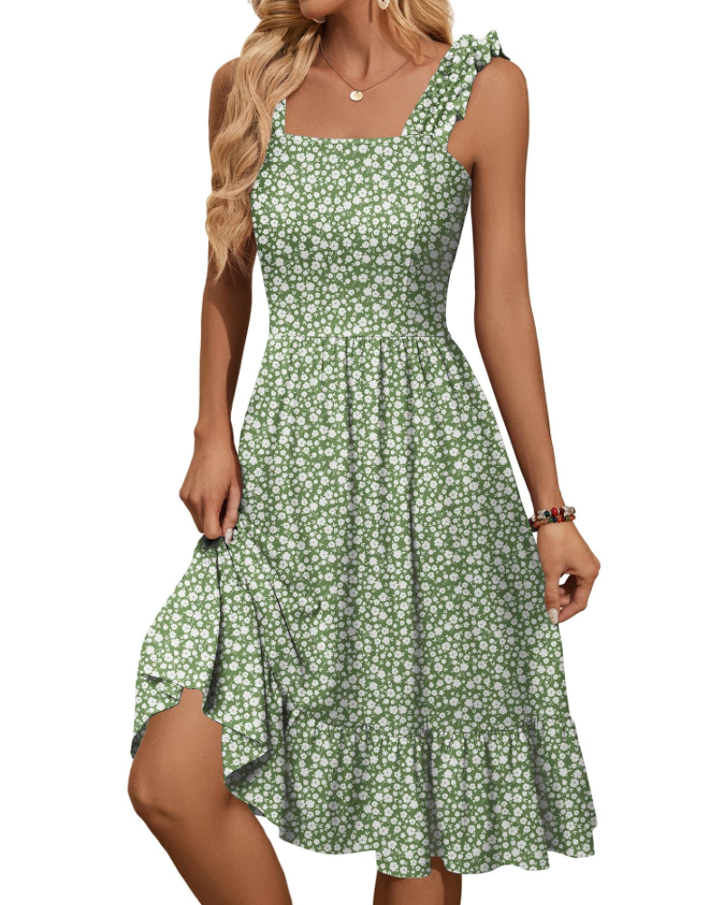 Armenia Abito Midi Donna – Abito Estate Scollo Quadrato a Bretella Elastiche, Linea a Trapezio Fluida con Balze