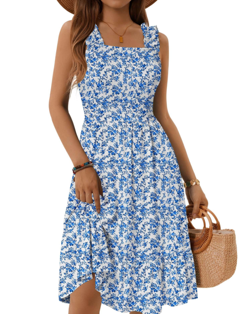 Armenia Abito Midi Donna – Abito Estate Scollo Quadrato a Bretella Elastiche, Linea a Trapezio Fluida con Balze