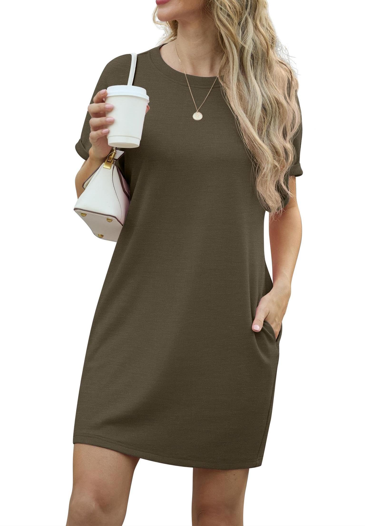 Lewina Abito Donna – Girocollo Maniche Corte, Linea a Trapezio Mini & Tasche Uni Estate