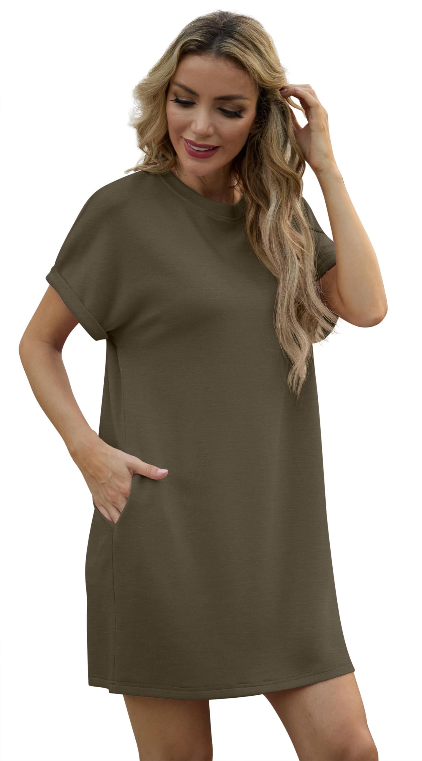Lewina Abito Donna – Girocollo Maniche Corte, Linea a Trapezio Mini & Tasche Uni Estate