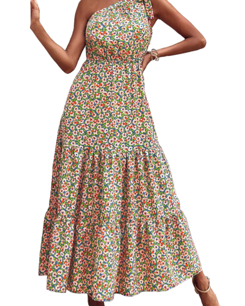 Avira Abito Donna – Abito Maxi Asymétrique a Fiori One Shoulder, Linea Fluida Bohémien Estate