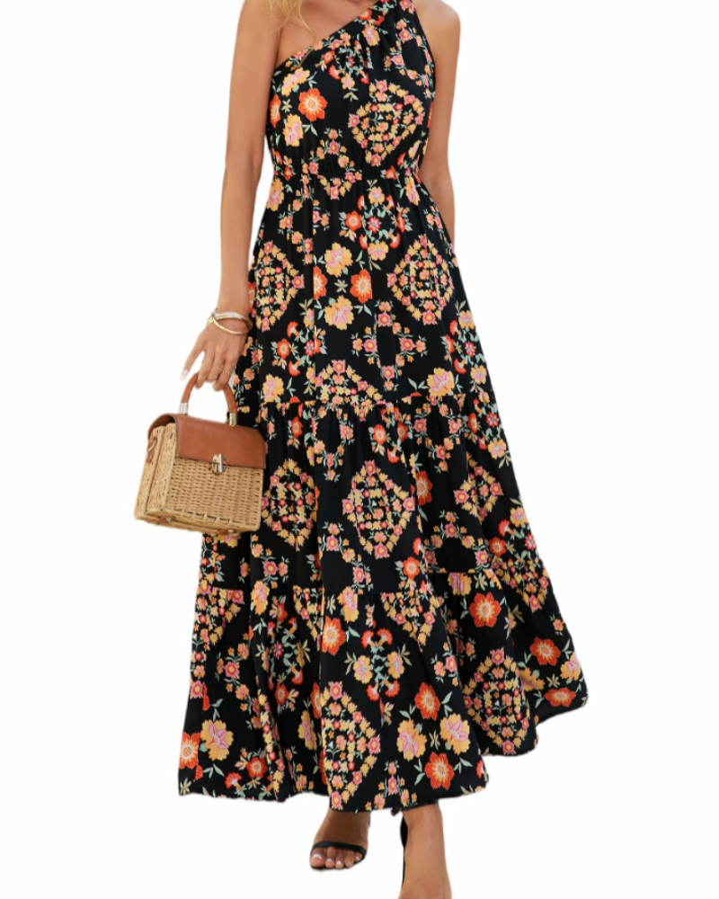 Avira Abito Donna – Abito Maxi Asymétrique a Fiori One Shoulder, Linea Fluida Bohémien Estate