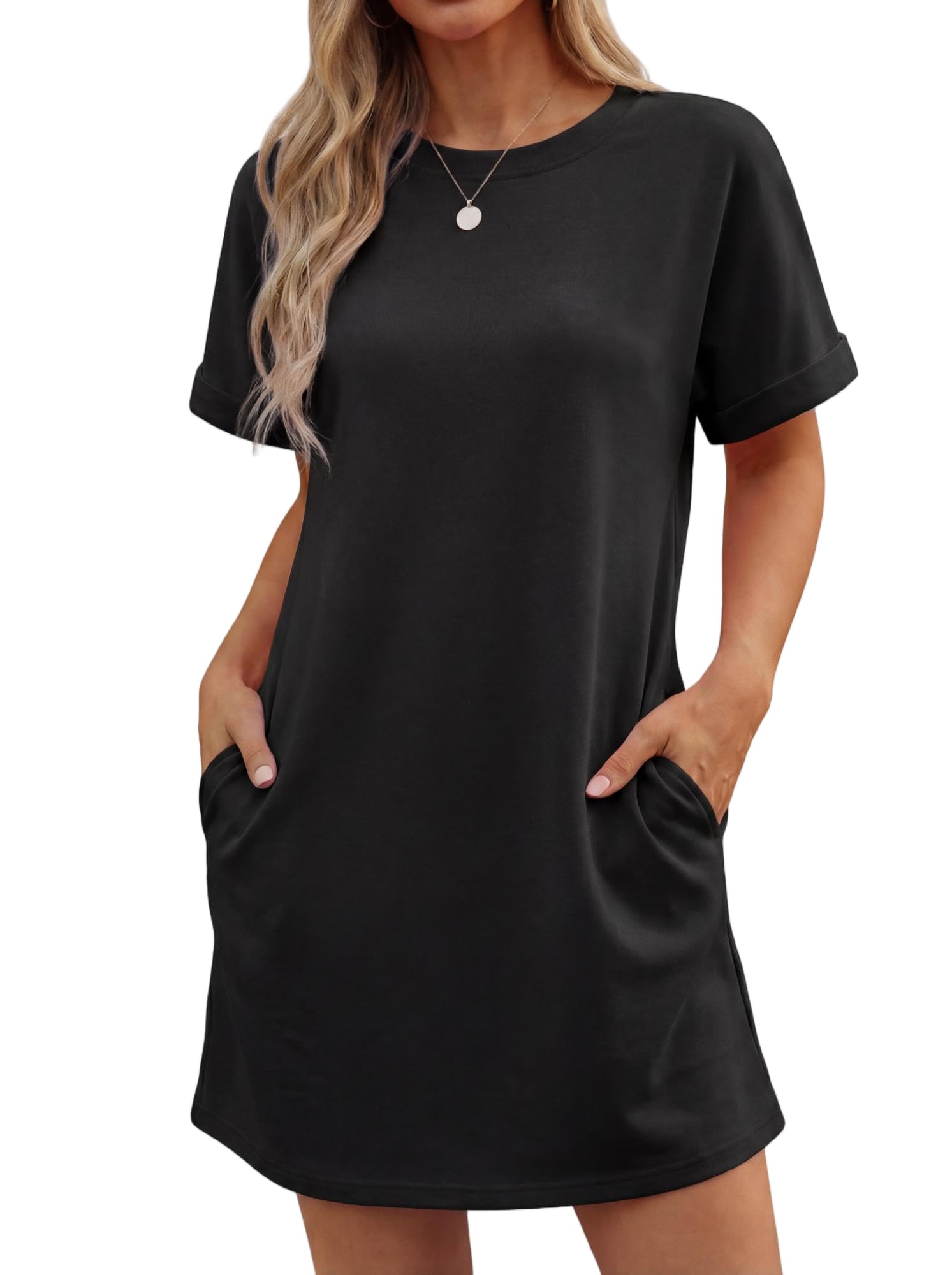 Lewina Abito Donna – Girocollo Maniche Corte, Linea a Trapezio Mini & Tasche Uni Estate