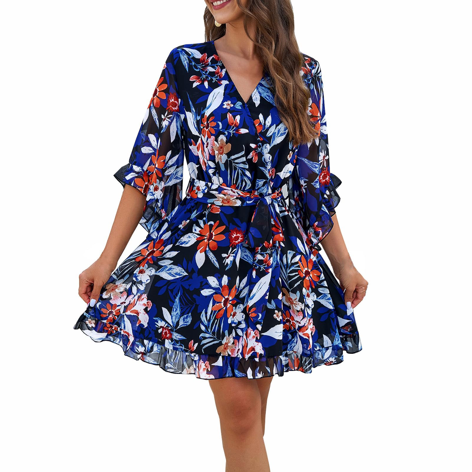 Odessa Abito Donna – Cache-Cœur Scollo a V Floral, Manches Cloche & Mousseline Mini Elegante