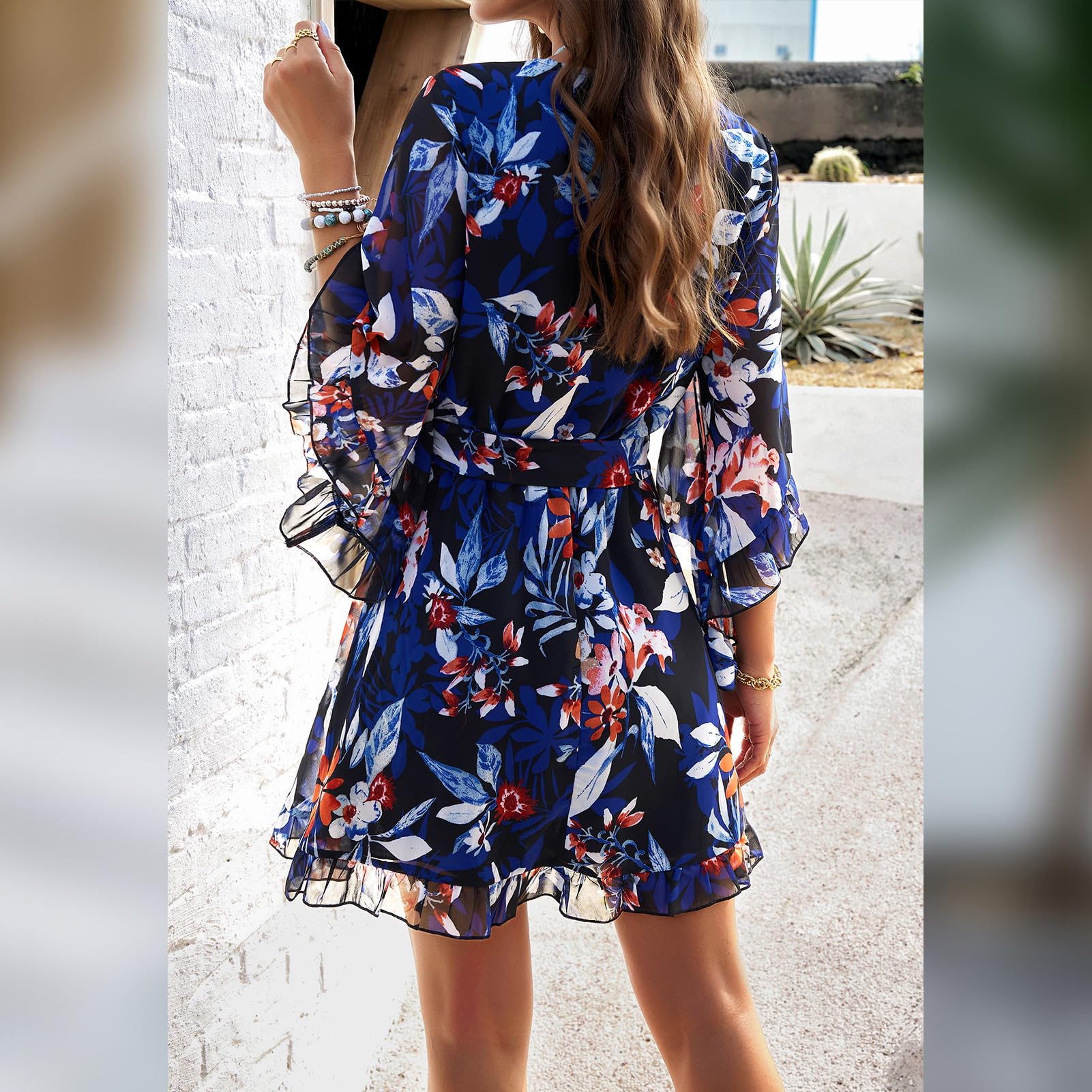 Odessa Abito Donna – Cache-Cœur Scollo a V Floral, Manches Cloche & Mousseline Mini Elegante