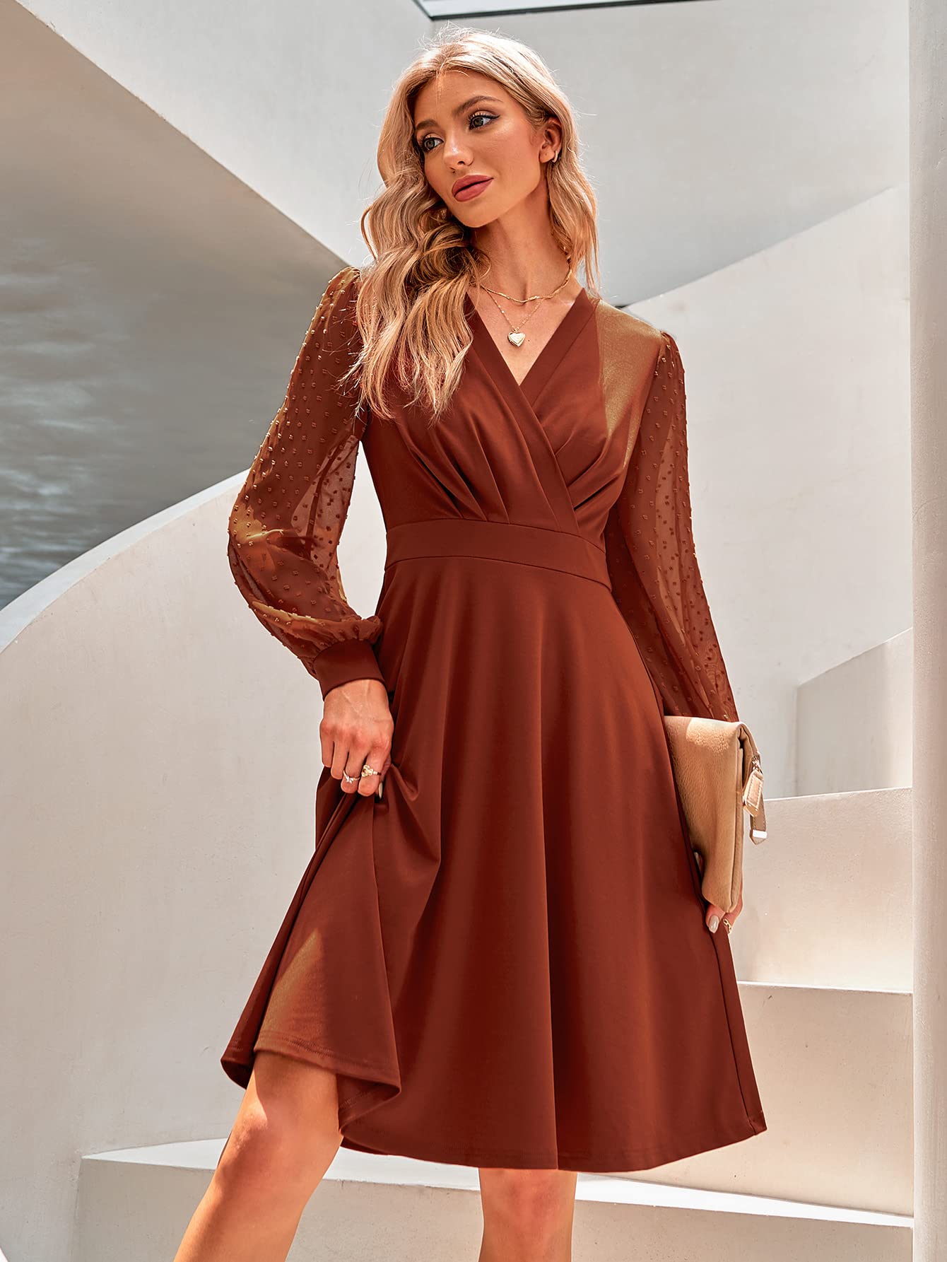 Juana Abito Donna – Style Vintage Scollo a V, Maniche Lunghe & Linea a Trapezio Midi Elegante