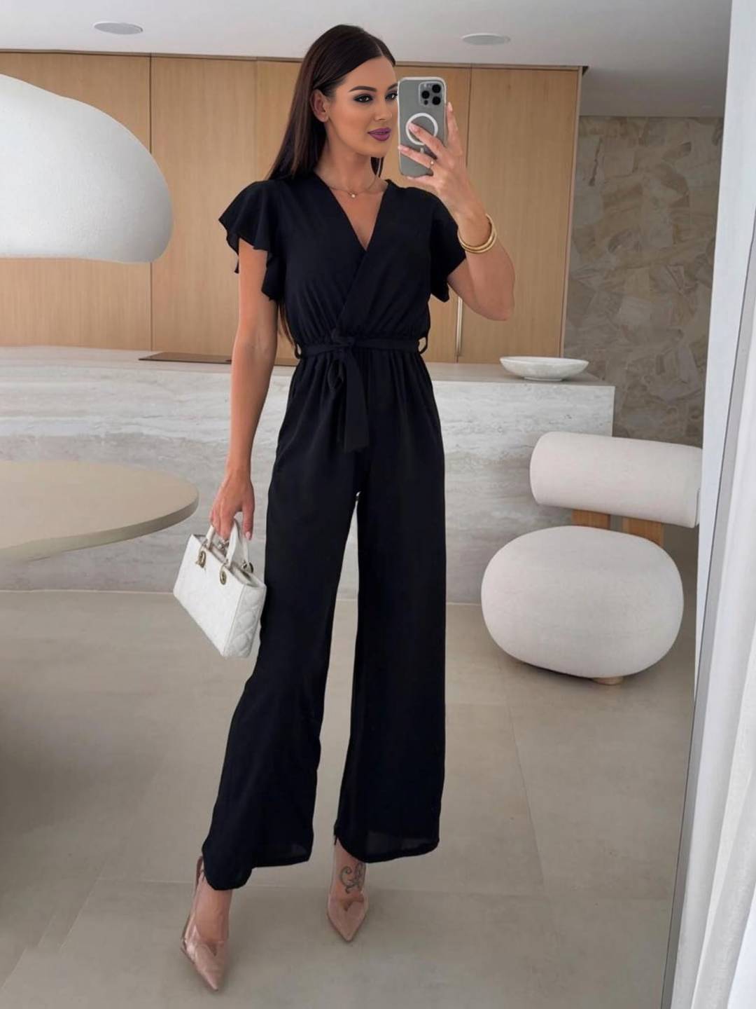 Rochelle Combinaison Donna – Elegante Combinaison Unie con Décolleté in V, Ceinture & Jambes Amples a Balze