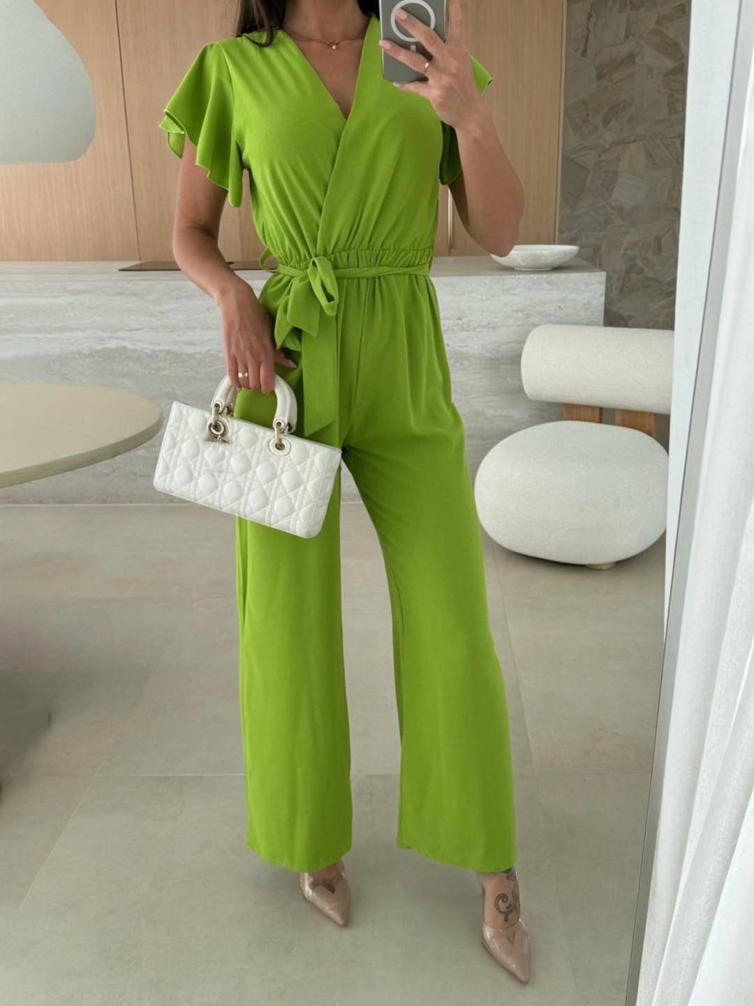 Rochelle Combinaison Donna – Elegante Combinaison tinta unita con scollo in V, cintura & Jambes Amples a Balze