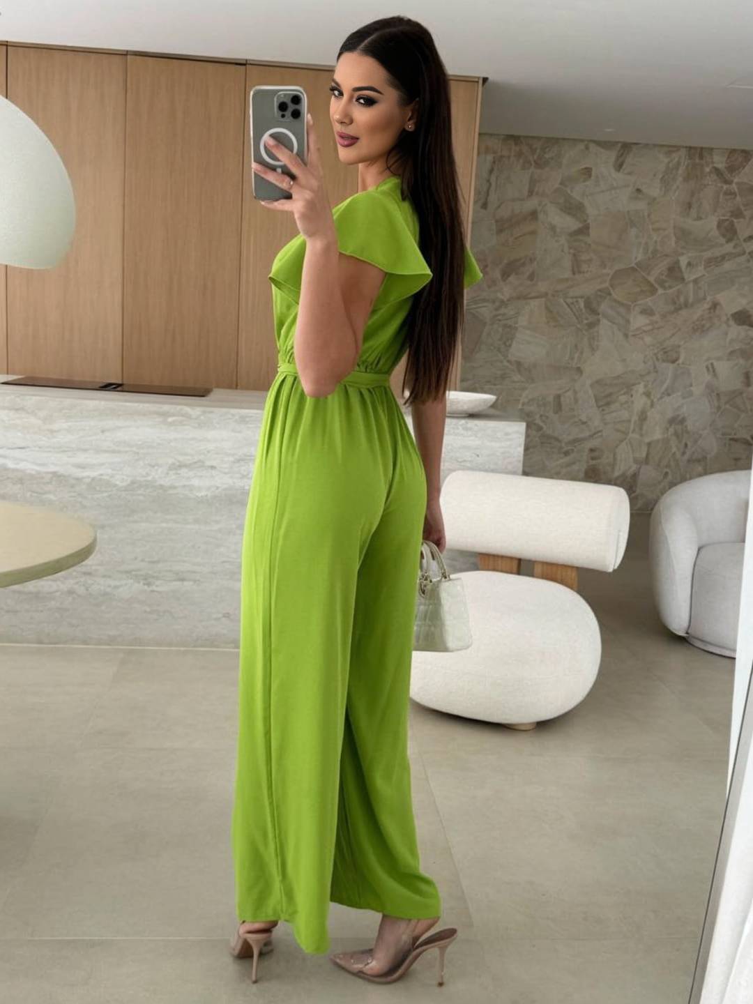 Rochelle Combinaison Donna – Elegante Combinaison Unie con Décolleté in V, Ceinture & Jambes Amples a Balze
