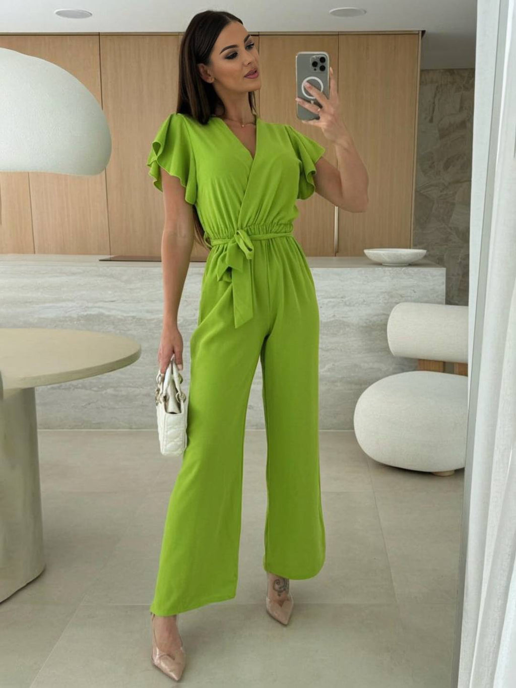 Rochelle Combinaison Donna – Elegante Combinaison Unie con Décolleté in V, Ceinture & Jambes Amples a Balze