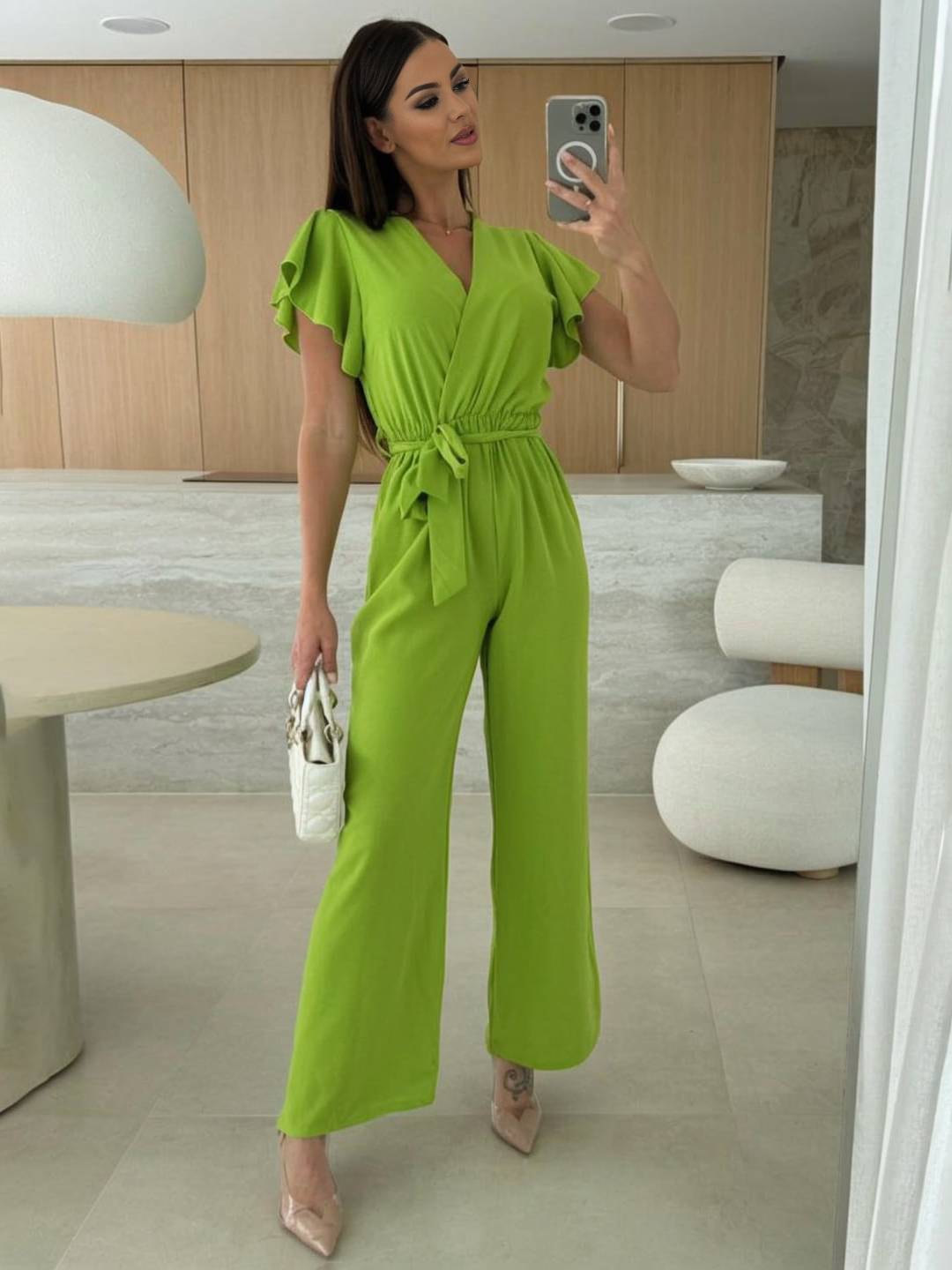 Rochelle Combinaison Donna – Elegante Combinaison Unie con Décolleté in V, Ceinture & Jambes Amples a Balze