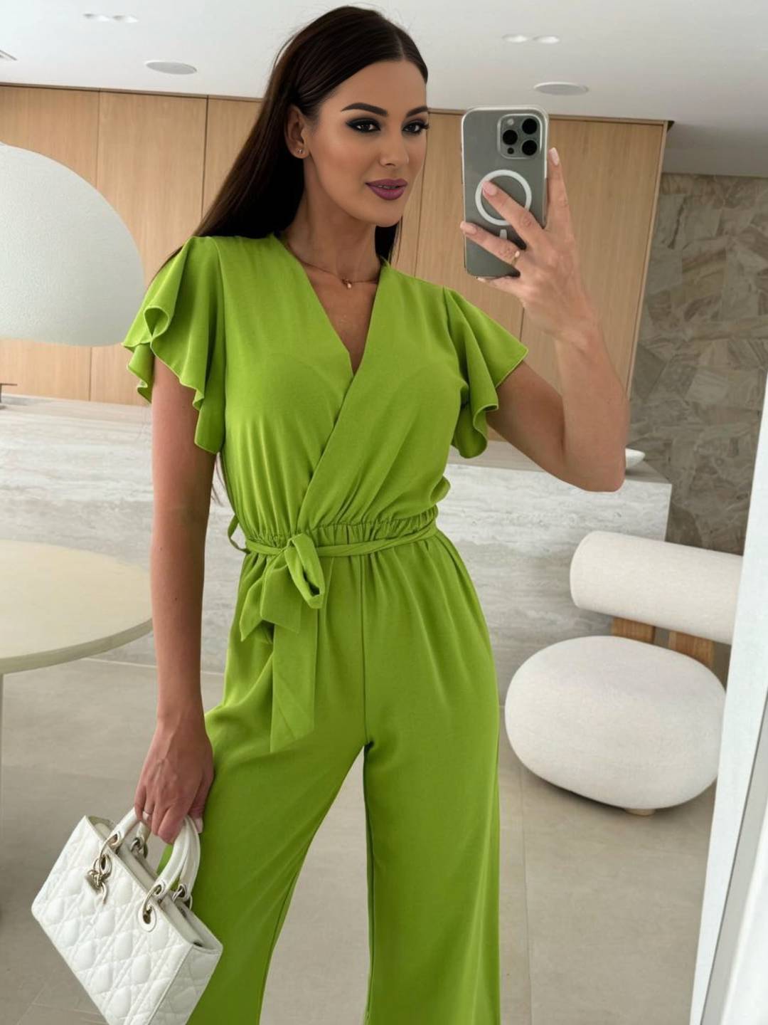 Rochelle Combinaison Donna – Elegante Combinaison Unie con Décolleté in V, Ceinture & Jambes Amples a Balze