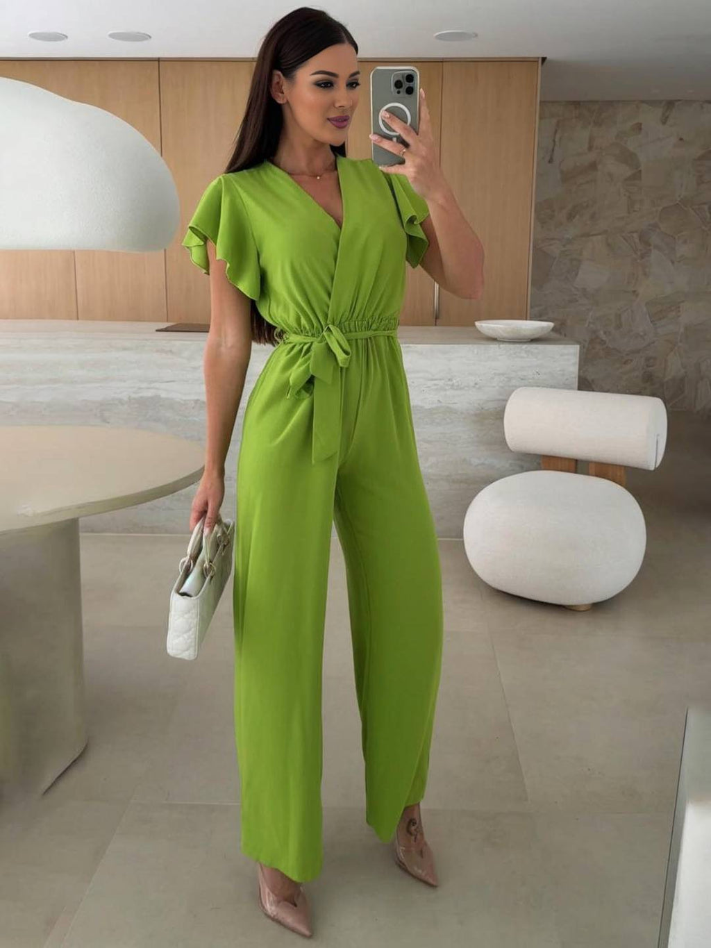 Rochelle Combinaison Donna – Elegante Combinaison Unie con Décolleté in V, Ceinture & Jambes Amples a Balze