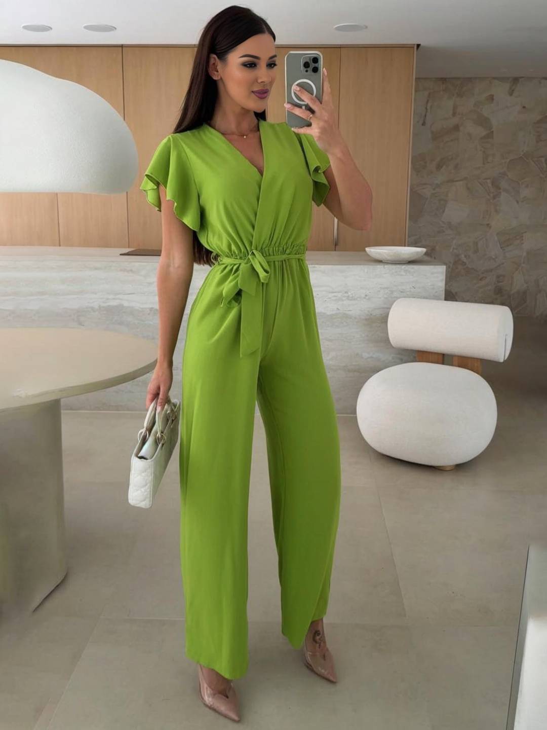 Rochelle Combinaison Donna – Elegante Combinaison Unie con Décolleté in V, Ceinture & Jambes Amples a Balze