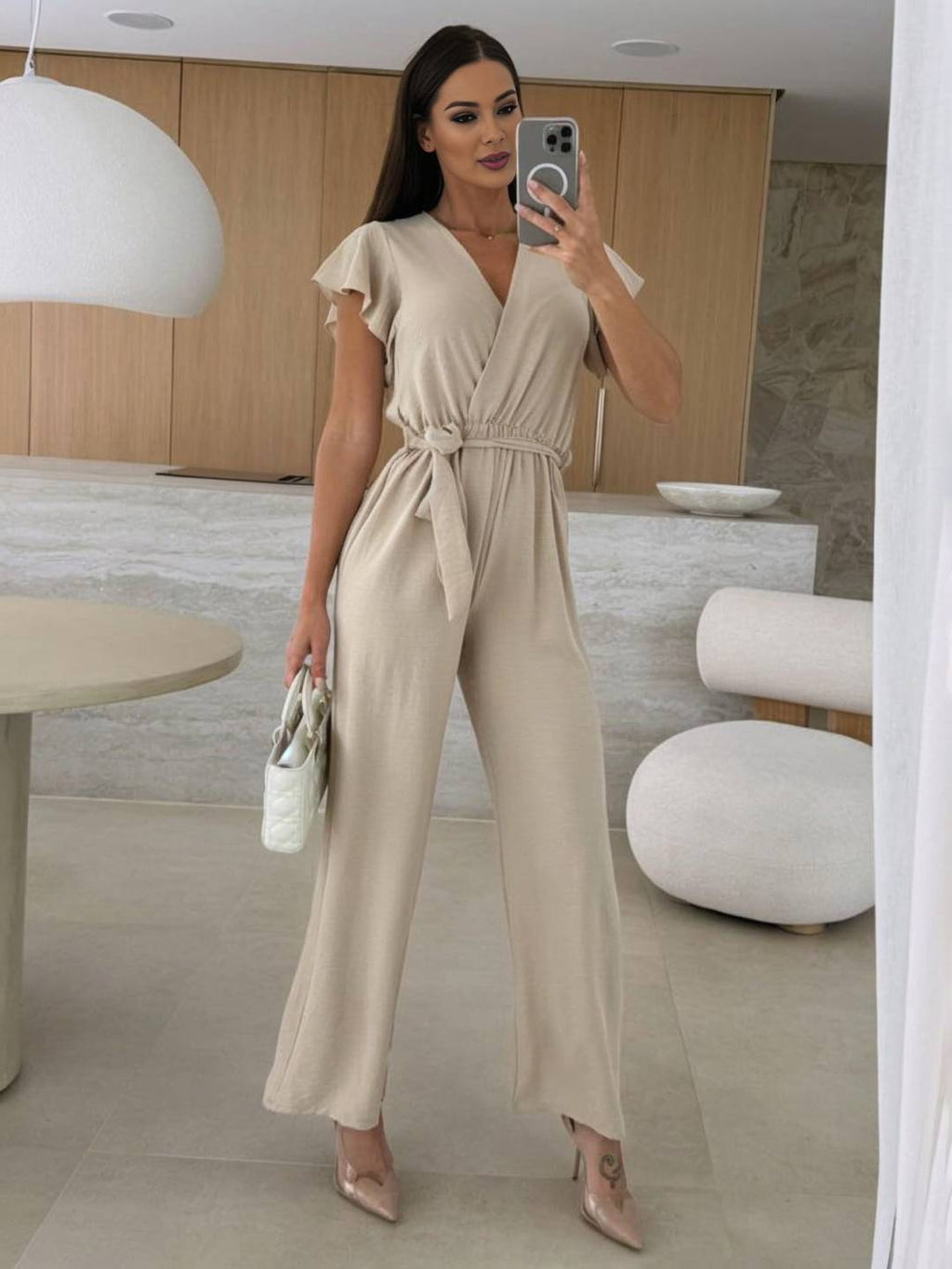 Rochelle Combinaison Donna – Elegante Combinaison Unie con Décolleté in V, Ceinture & Jambes Amples a Balze
