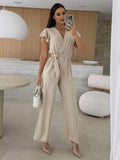 Rochelle Combinaison Donna – Elegante Combinaison Unie con Décolleté in V, Ceinture & Jambes Amples a Balze