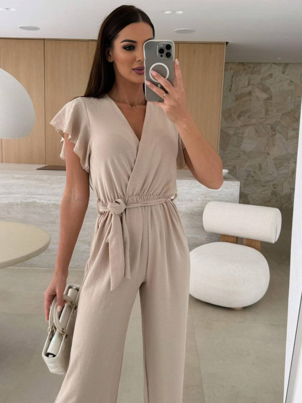 Rochelle Combinaison Donna – Elegante Combinaison Unie con Décolleté in V, Ceinture & Jambes Amples a Balze