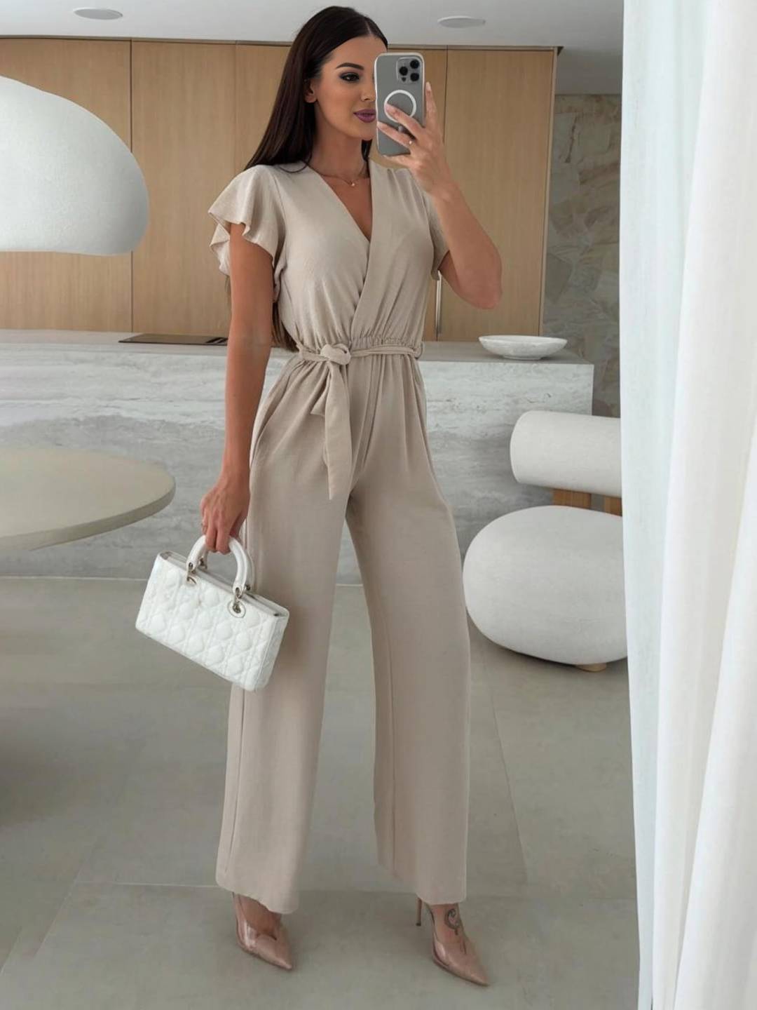Rochelle Combinaison Donna – Elegante Combinaison Unie con Décolleté in V, Ceinture & Jambes Amples a Balze