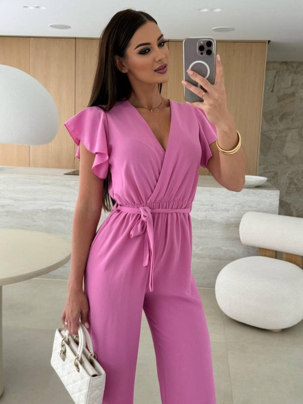 Rochelle Combinaison Donna – Elegante Combinaison Unie con Décolleté in V, Ceinture & Jambes Amples a Balze