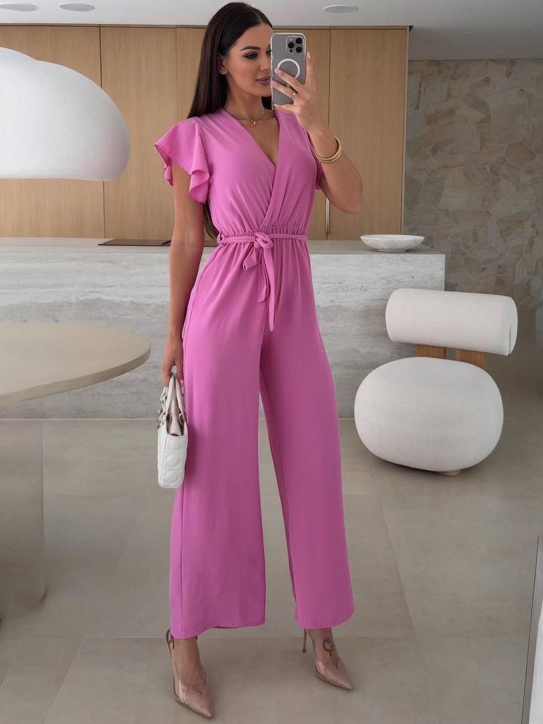 Rochelle Combinaison Donna – Elegante Combinaison tinta unita con scollo in V, cintura & Jambes Amples a Balze