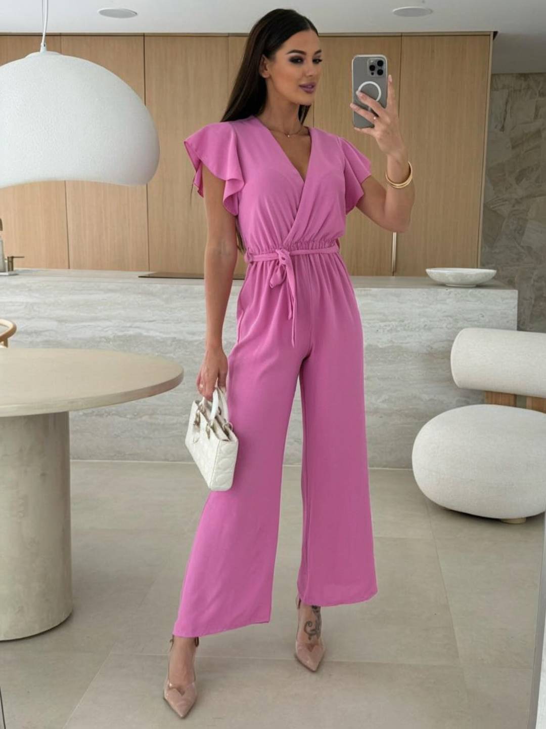 Rochelle Combinaison Donna – Elegante Combinaison Unie con Décolleté in V, Ceinture & Jambes Amples a Balze