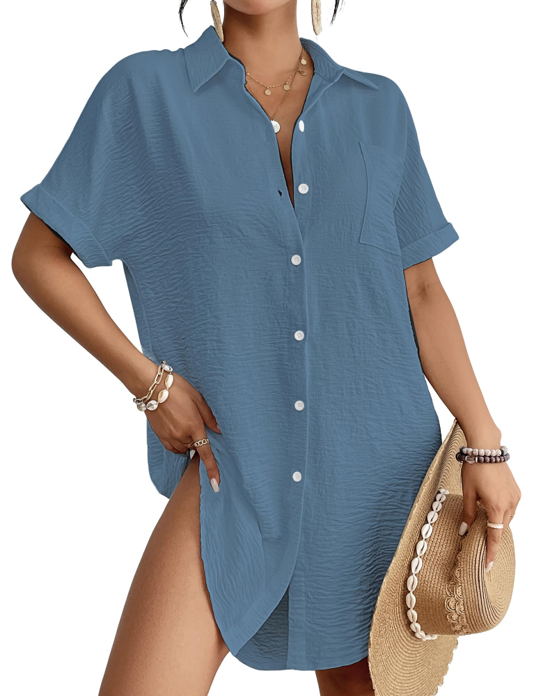Camille Abito Camicia Plage Donna – Cover-Up Boutonné Col Camicia, Linea Leggera & Polyvalente Estate