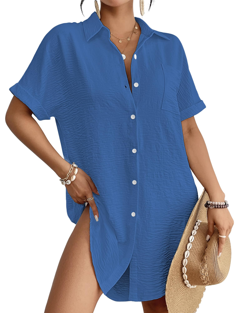 Camille Abito Camicia Plage Donna – Cover-Up Boutonné Col Camicia, Linea Leggera & Polyvalente Estate