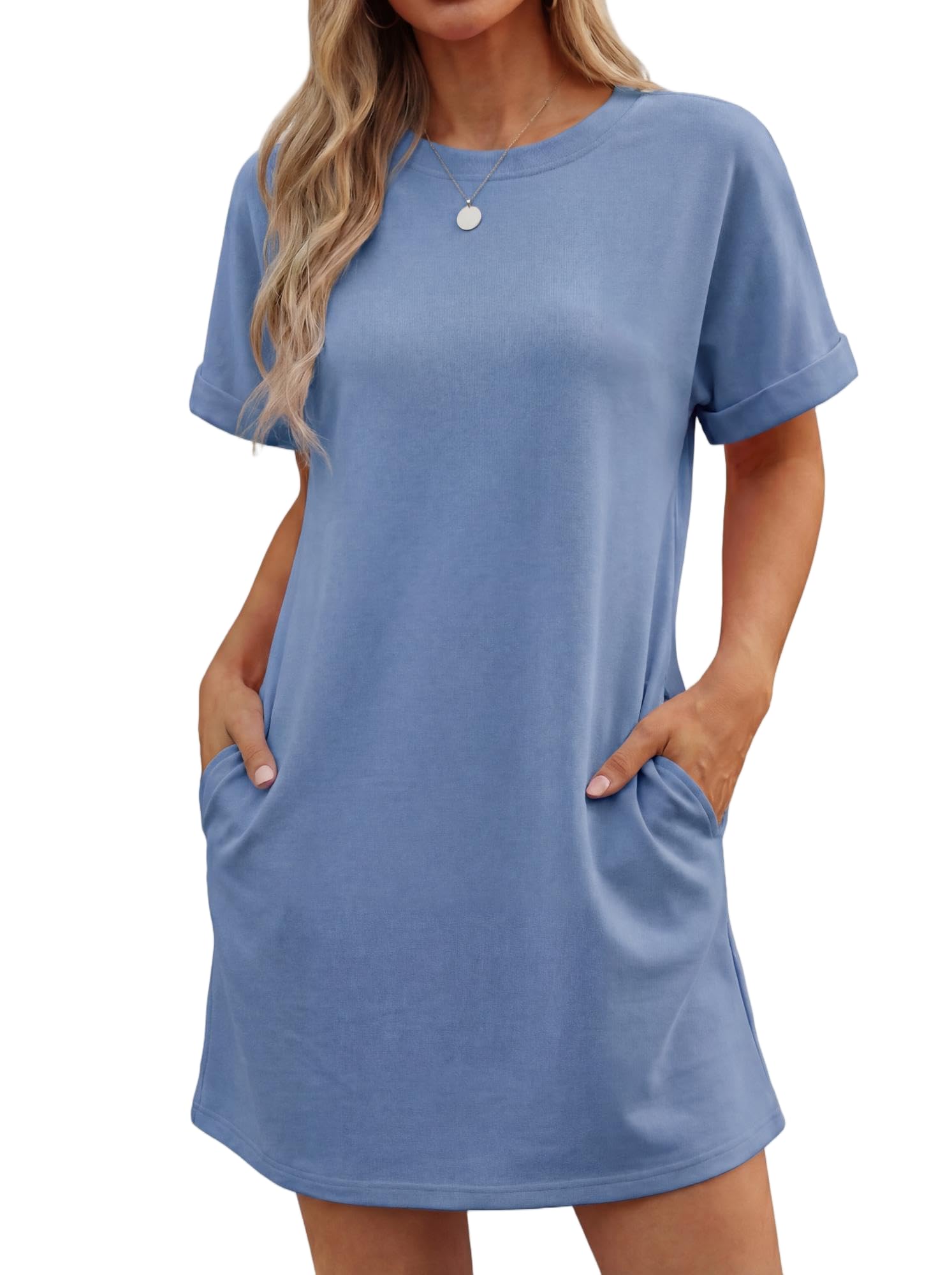 Lewina Abito Donna – Girocollo Maniche Corte, Linea a Trapezio Mini & Tasche Uni Estate