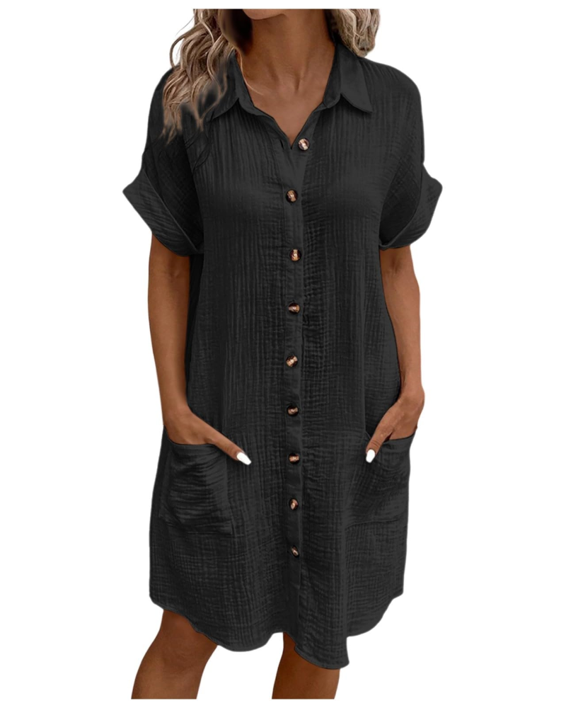 Yvette Abito Donna – Abito Camicia Scollo a V Boutonnée con Tasche Linea Fluida Bohémien Chic