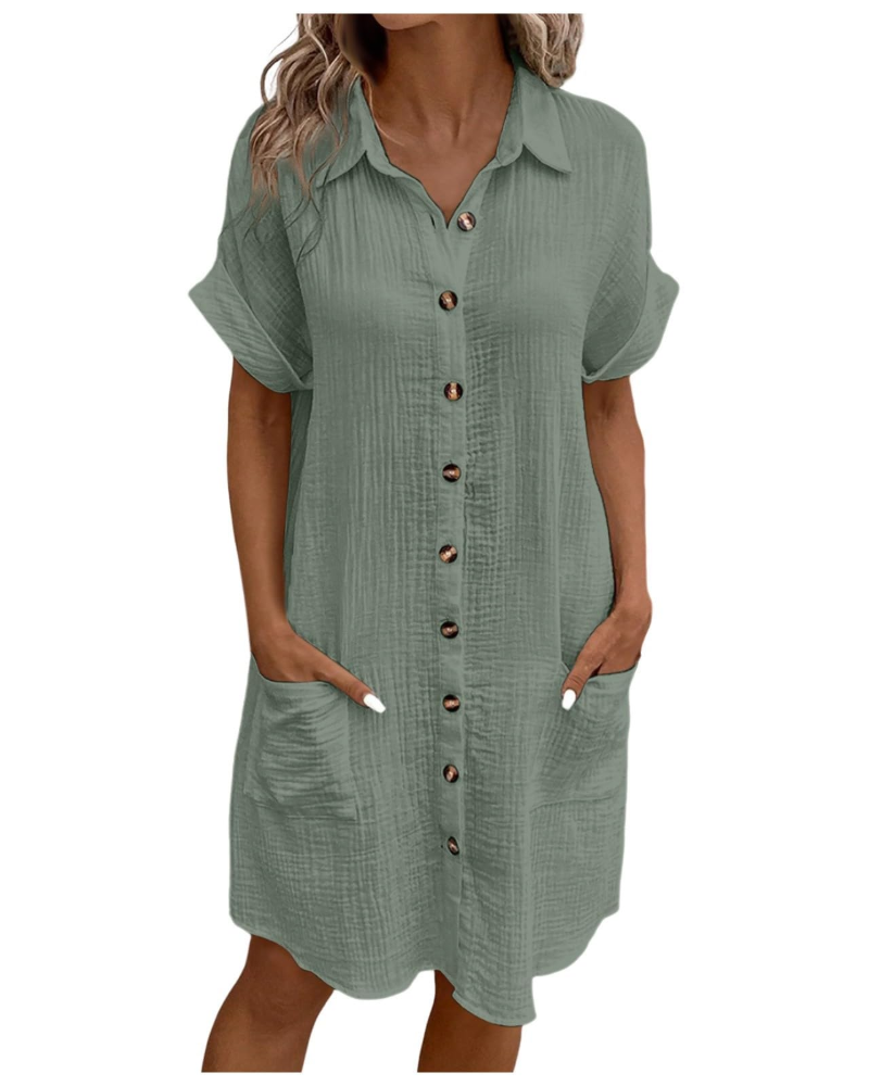 Yvette Abito Donna – Abito Camicia Scollo a V Boutonnée con Tasche Linea Fluida Bohémien Chic
