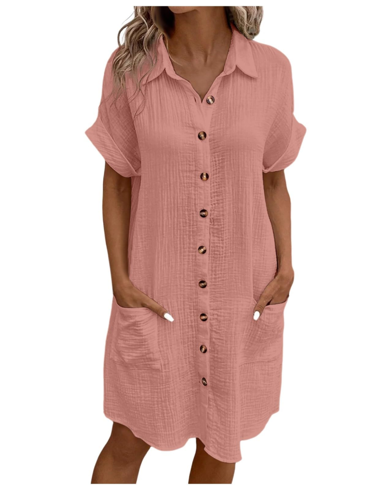 Yvette Abito Donna – Abito Camicia Scollo a V Boutonnée con Tasche Linea Fluida Bohémien Chic