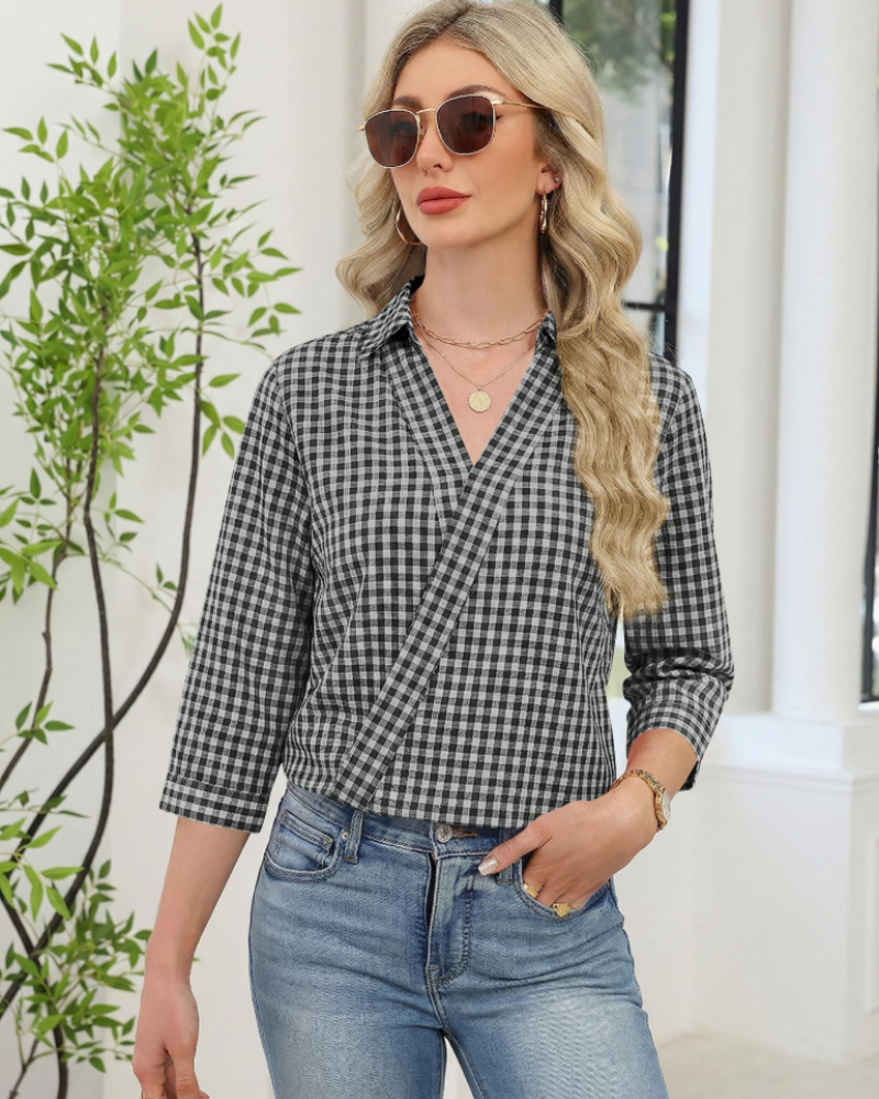 Erma Camicetta Donna – Scollo a V con Col Camicia, Manches 3/4 Elegante Business Casual