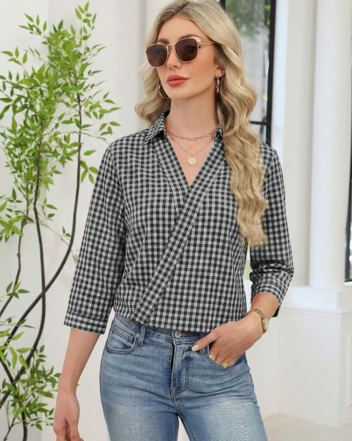 Erma Camicetta Donna – Scollo a V con Col Camicia, Manches 3/4 Elegante Business Casual