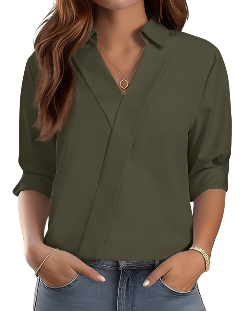 Erma Camicetta Donna – Scollo a V con Col Camicia, Manches 3/4 Elegante Business Casual