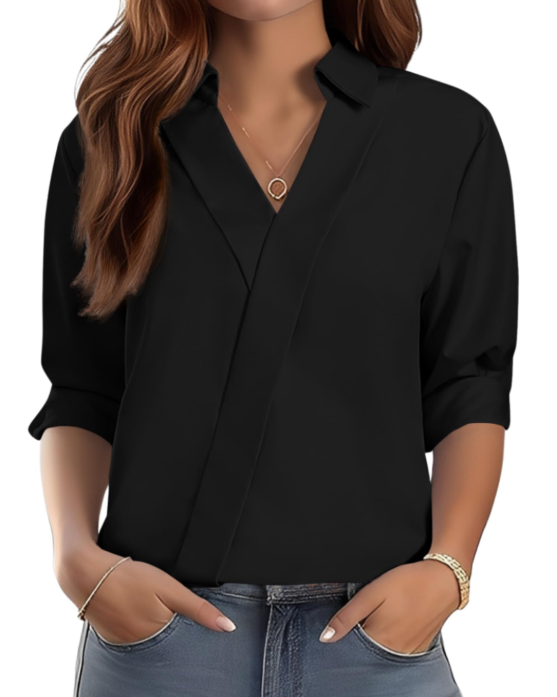 Erma Camicetta Donna – Scollo a V con Col Camicia, Manches 3/4 Elegante Business Casual