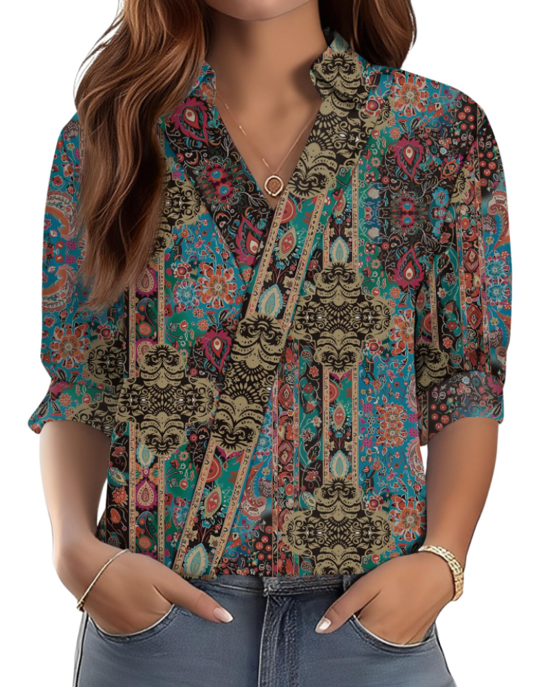 Erma Camicetta Donna – Scollo a V con Col Camicia, Manches 3/4 Elegante Business Casual