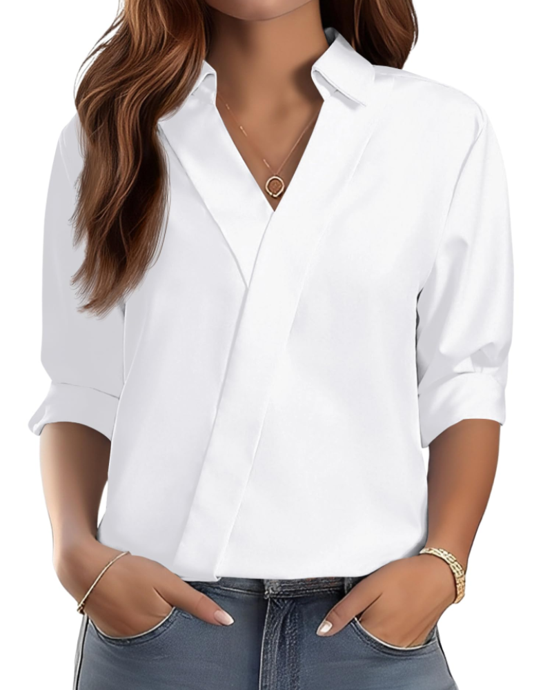 Erma Camicetta Donna – Scollo a V con Col Camicia, Manches 3/4 Elegante Business Casual
