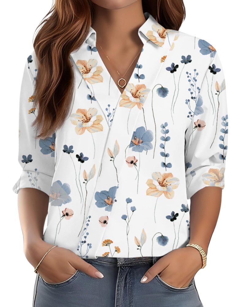 Erma Camicetta Donna – Scollo a V con Col Camicia, Manches 3/4 Elegante Business Casual