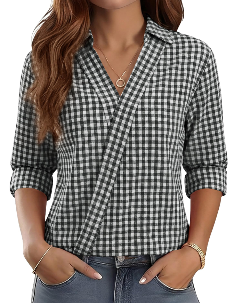 Erma Camicetta Donna – Scollo a V con Col Camicia, Manches 3/4 Elegante Business Casual