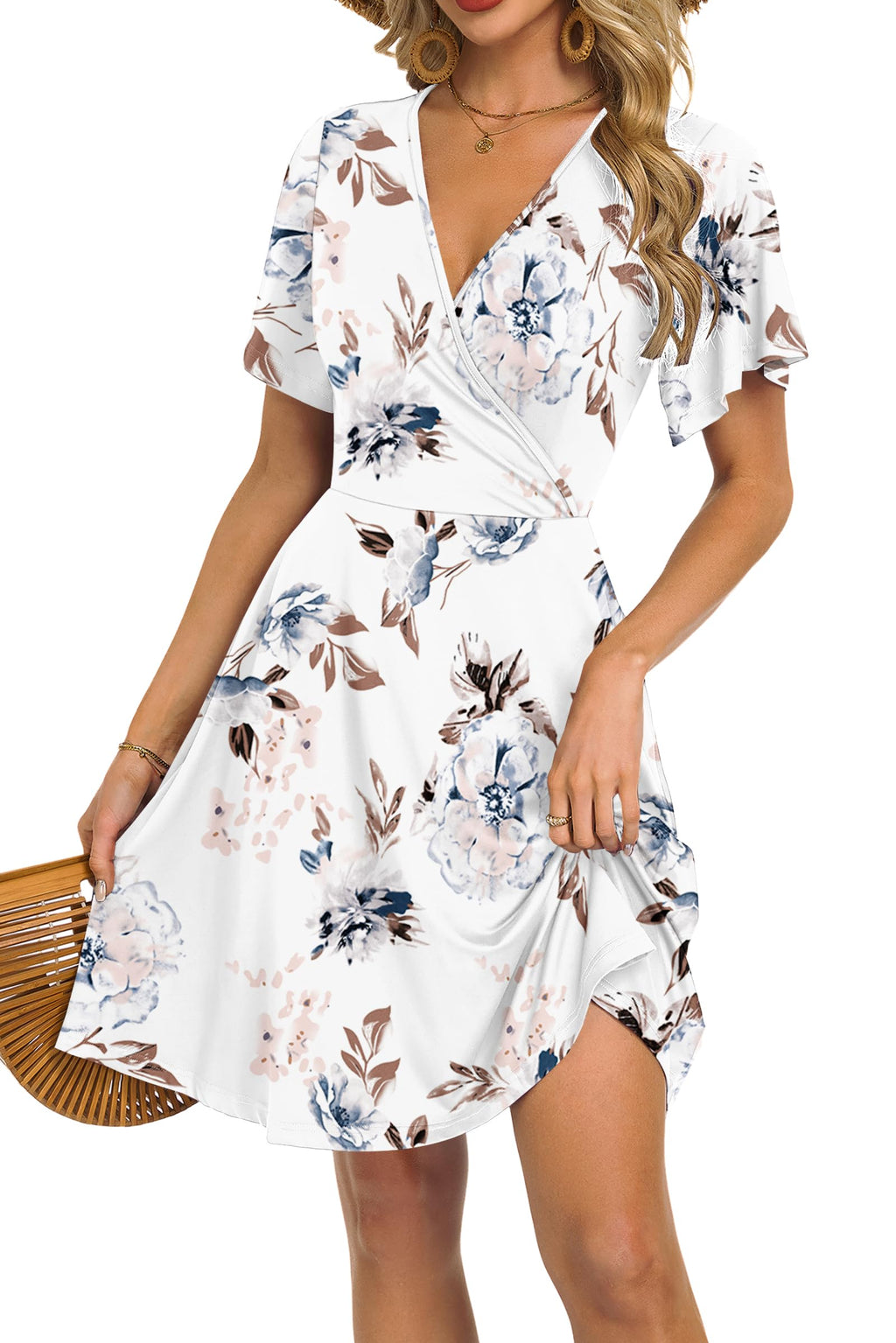 Mariselle Abito Donna – Cache-Cœur Scollo a V Floral, Taille Empire & Tasche Linea a Trapezio Estate