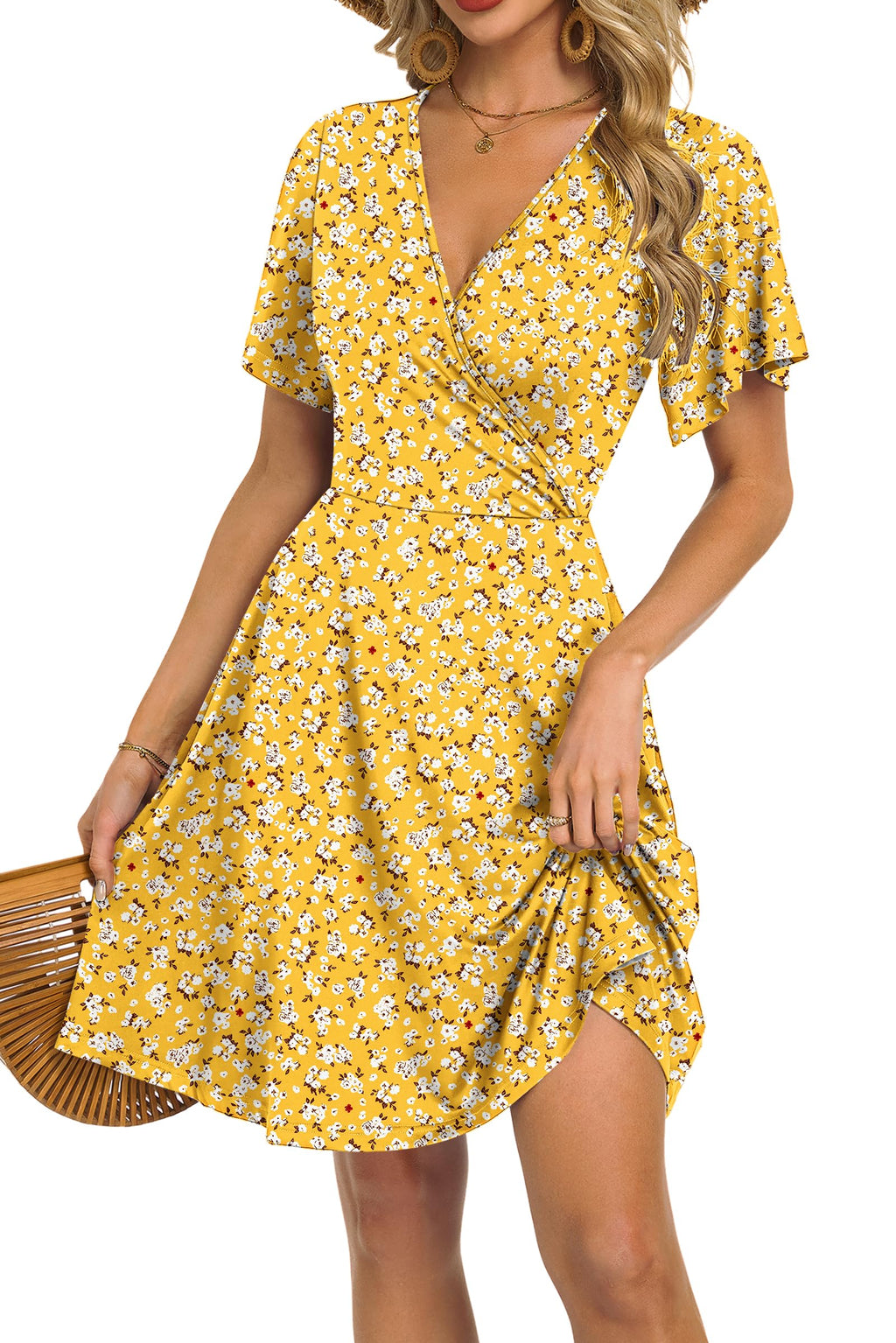Mariselle Abito Donna – Cache-Cœur Scollo a V Floral, Taille Empire & Tasche Linea a Trapezio Estate