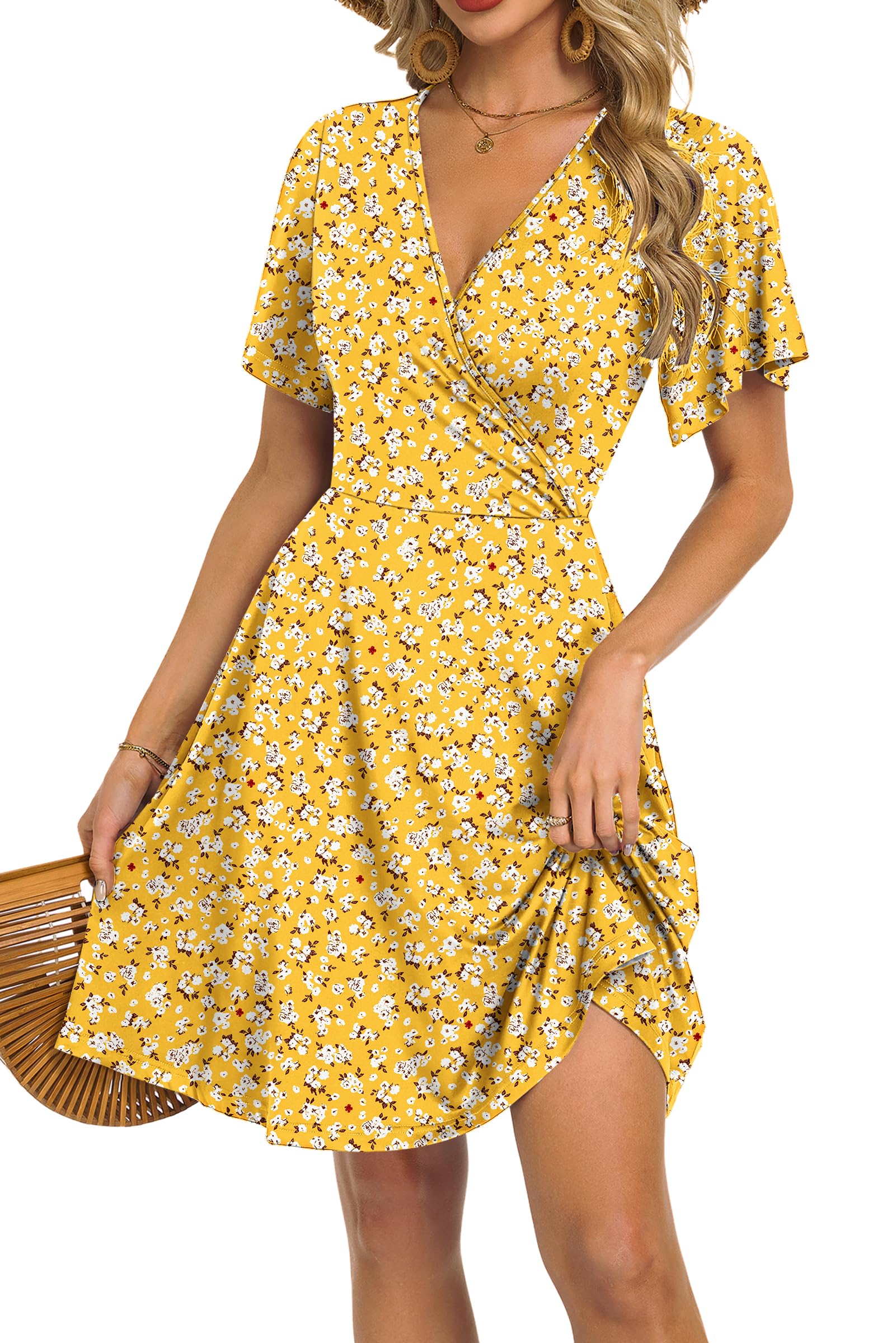 Mariselle Abito Donna – Cache-Cœur Scollo a V Floral, Taille Empire & Tasche Linea a Trapezio Estate