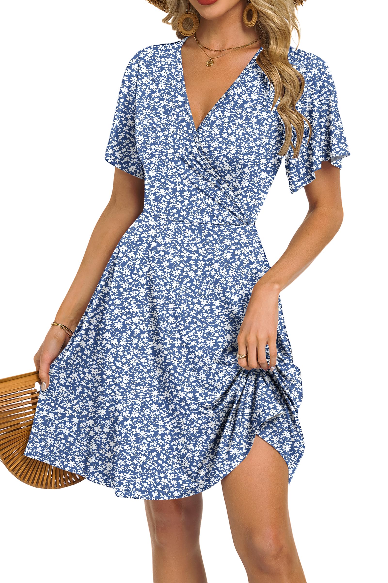 Mariselle Abito Donna – Cache-Cœur Scollo a V Floral, Taille Empire & Tasche Linea a Trapezio Estate
