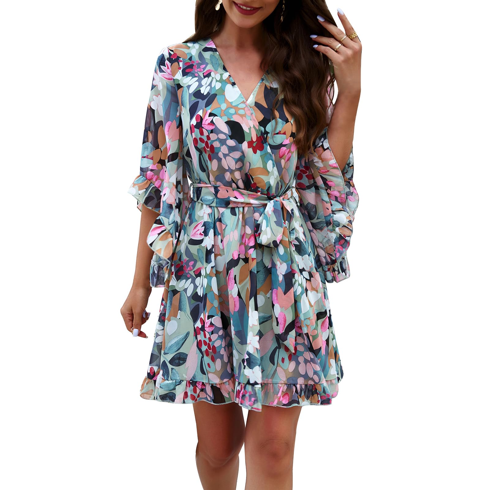 Odessa Abito Donna – Cache-Cœur Scollo a V Floral, Manches Cloche & Mousseline Mini Elegante